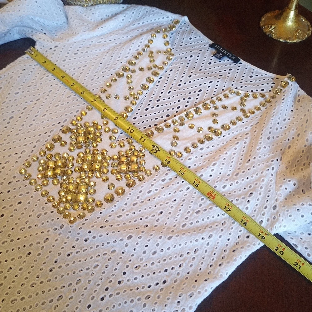 Juliette Eyelet Bejeweled Rhinestone Tunic Top Swim Coverup Women Size Medium